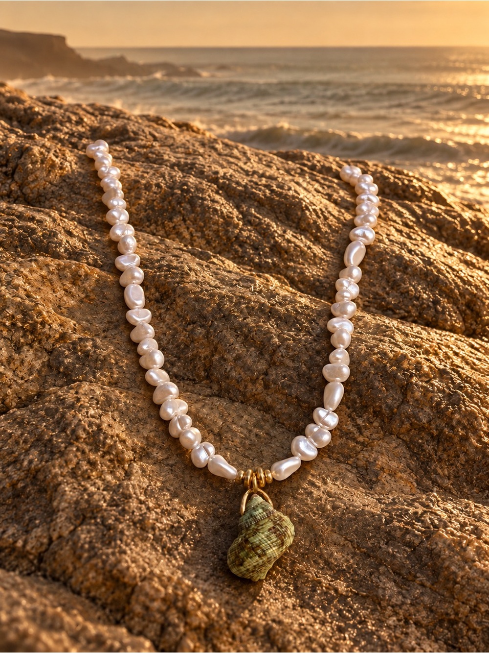 Pearl Strand Necklace with Green Shell Pendant - Women Jewelry